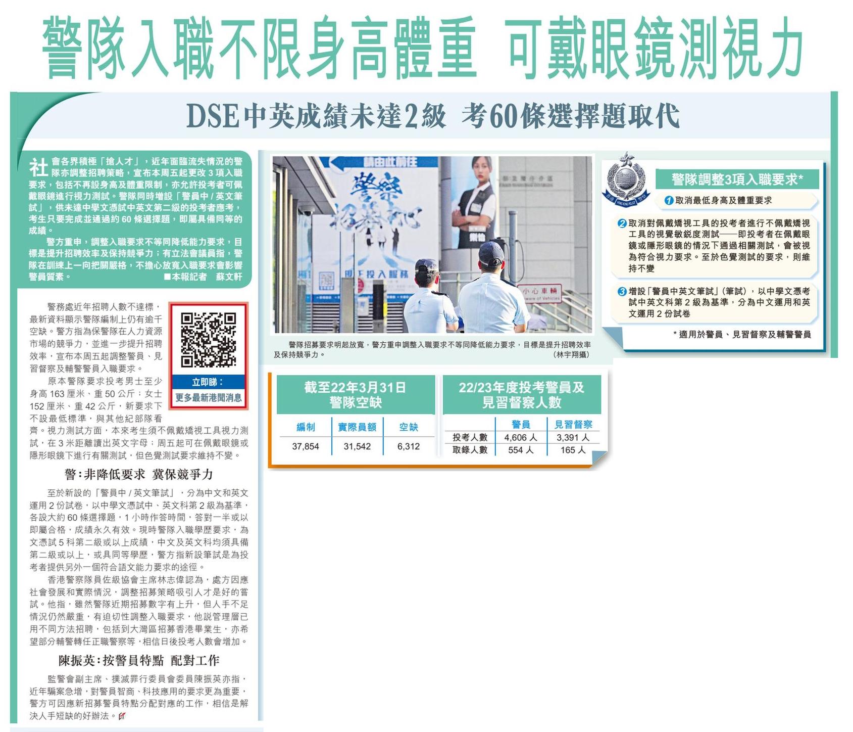 警隊入職不限身高體重可戴眼鏡測視力DSE中英成績未達2級考60條選擇題取代– Hon. Ronick Chan Chun-ying –  陳振英議員(金融界)